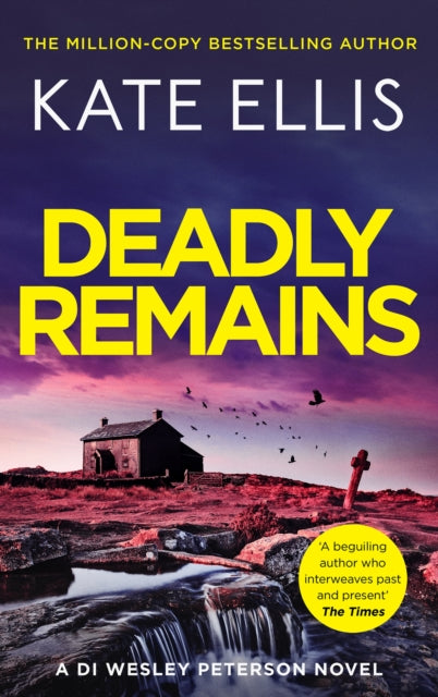 Book cover of 'Deadly Remains' by Kate Ellis with a purple sky and house on a cliff.