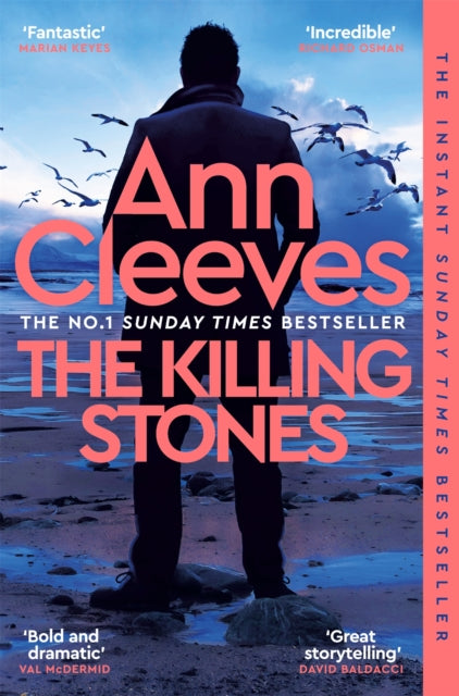 Book cover of 'The Killing Stones' by Ann Cleeves with a person on a beach and seagulls.