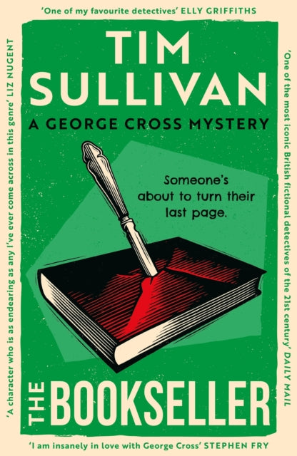 Book cover of 'The Bookseller' by Tim Sullivan with a green background and book illustration.