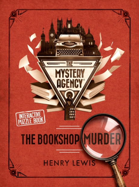 Book cover of 'The Bookshop Murder' by Henry Lewis featuring a typewriter, books, and magnifying glass on a red background.