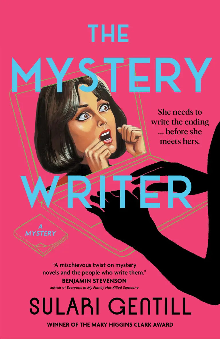 Book cover of 'The Mystery Writer' with a woman's face and text on a pink background