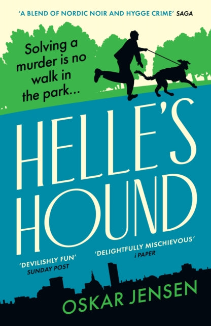 Book cover of 'Helle's Hound' with a man running with a dog in a park.