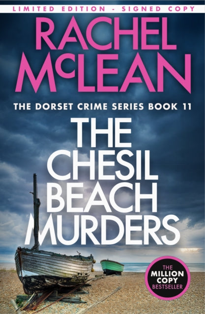 Book cover of 'The Chesil Beach Murders' by Rachel McLean with a beach scene and boat.