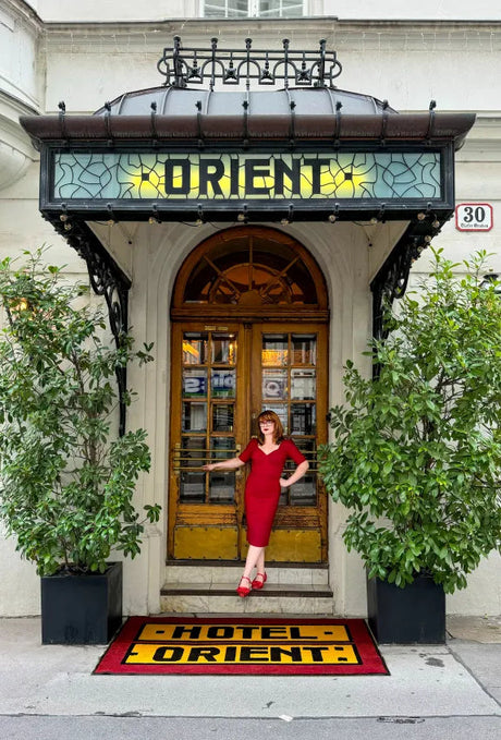 Alessandra Ranelli in front of Hotel Orient in Vienna