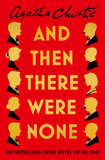 Book cover of 'And Then There Were None' by Agatha Christie with yellow text on a red background.