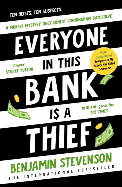Book cover of 'Everyone in This Bank is a Thief' with text and money graphics.