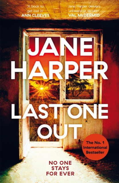 Book cover of 'Last One Out' by Jane Harper with a window and sunset design.