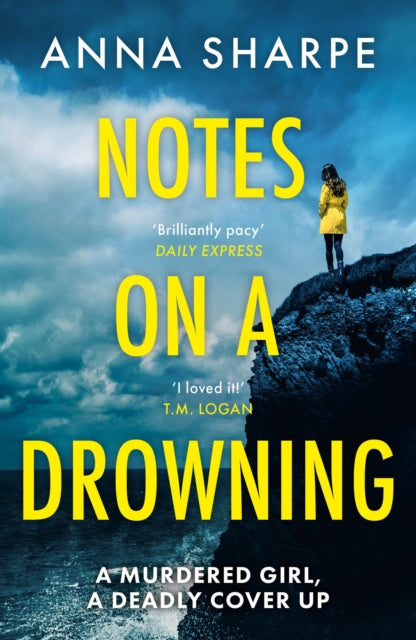 Book cover of 'Notes on a Drowning' by Anna Sharpe with a person on a cliff overlooking a stormy sea.