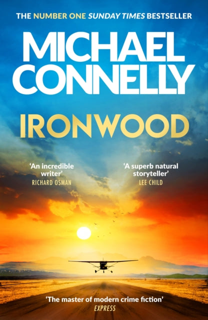 Book cover of 'Ironwood' by Michael Connelly with a sunset and airplane silhouette.