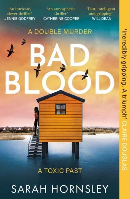Book cover of 'Bad Blood' by Sarah Hornsley with a yellow house and birds on a blue background.