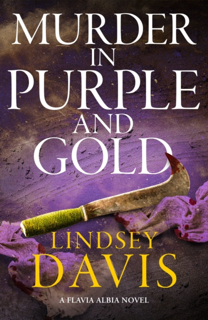 Book cover of 'Murder in Purple and Gold' by Lindsey Davis with a knife and purple background.
