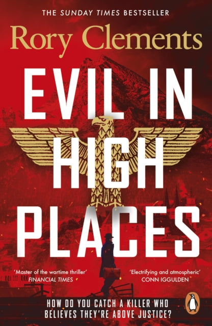 Book cover of 'Evil in High Places' by Rory Clements with a red background and gold eagle emblem.