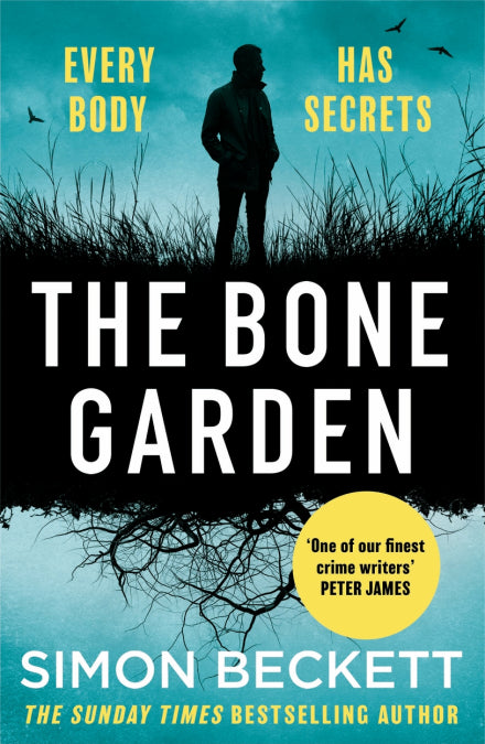 Book cover of 'The Bone Garden' with a silhouette of a person in a field and text about secrets and crime.