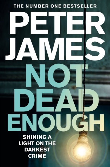 Book cover of 'Not Dead Enough' by Peter James with a light bulb and dark background.