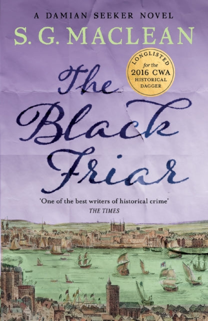 Book cover of 'The Black Friar' by S.G. Maclean with a purple background and cityscape illustration.