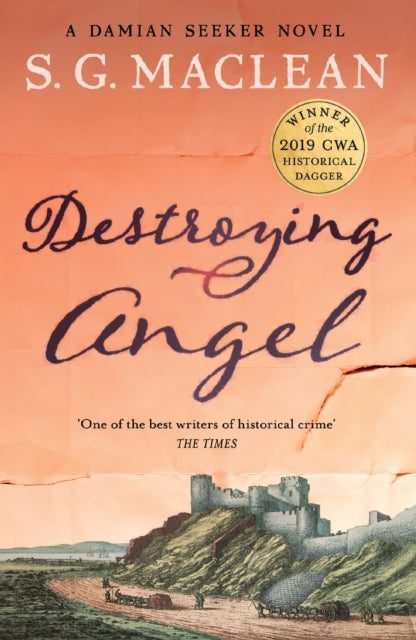 Book cover of 'Destroying Angel' by S.G. Maclean with a castle illustration on a pink background.