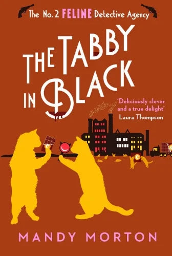 Book cover of 'The Tabby in Black' with two cats and a cityscape on a brown background.