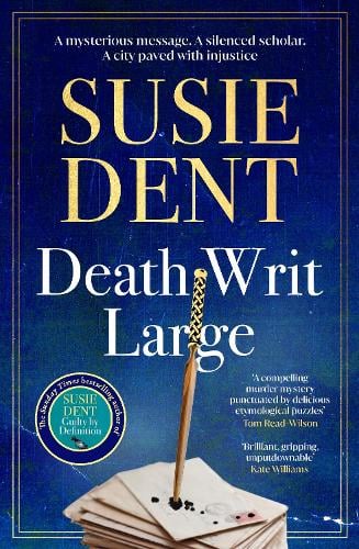 Book cover for 'Death Wit Large' by Susie Dent, featuring a dark blue textured background