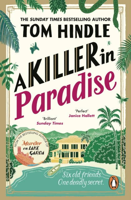 Book cover of 'A Killer in Paradise' by Tom Hindle with decorative elements and palm trees.