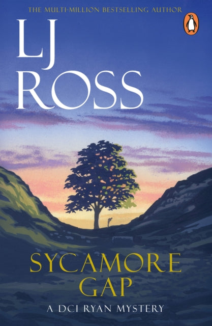 Book cover of 'Sycamore Gap' by LJ Ross with a tree silhouette against a sunset sky.