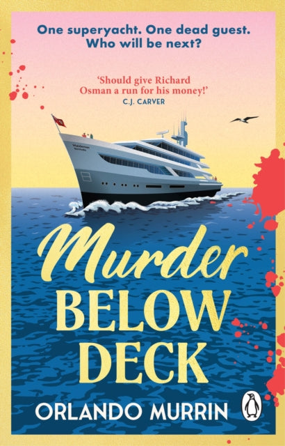 Book cover of 'Murder Below Deck' with a superyacht and text on a blue and pink background