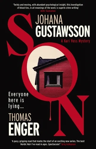 Book cover of 'SON' by Johana Gustawsson with a red house illustration on a black background